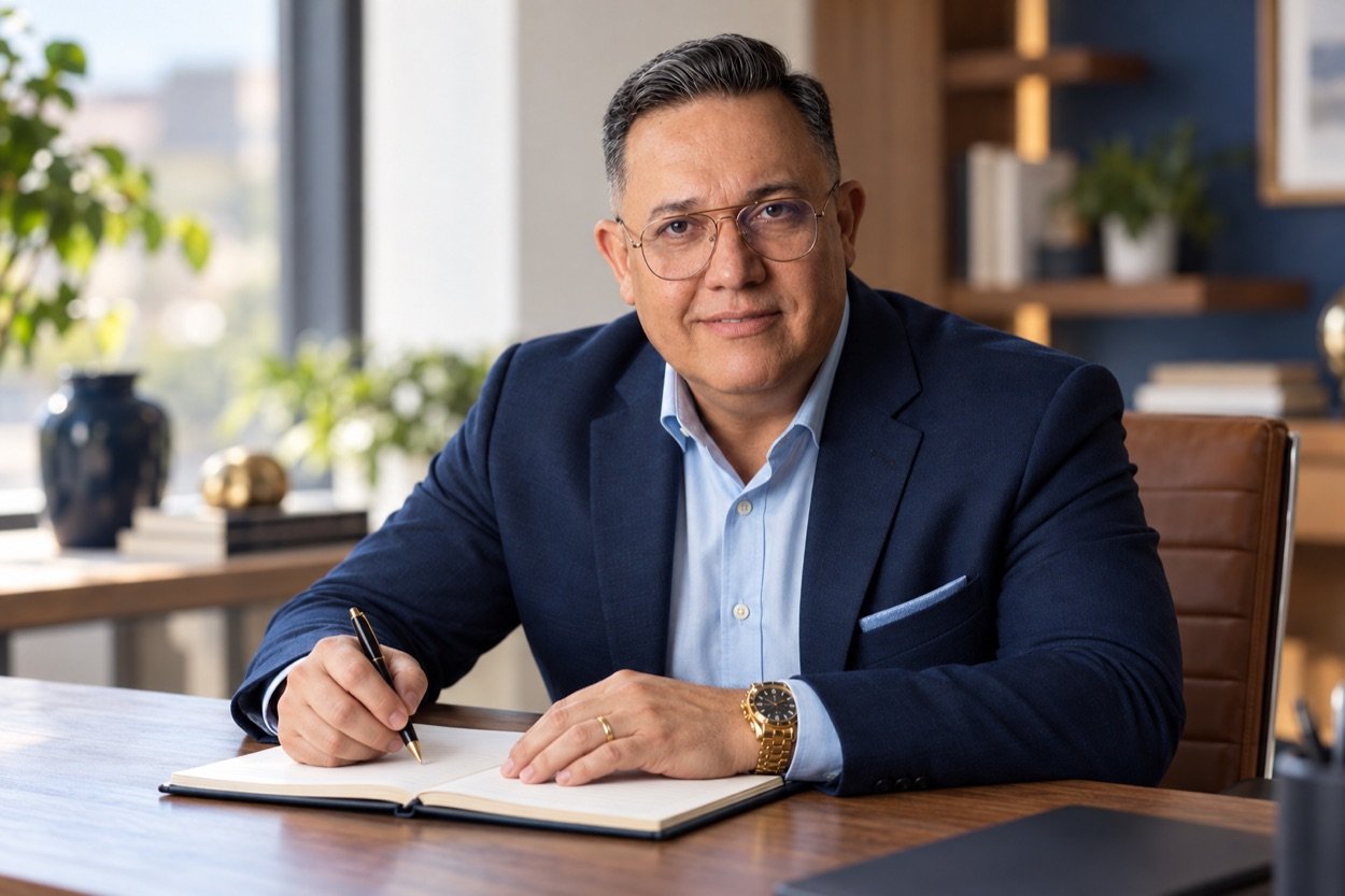 Anderson Marques trabalhando em um escritório, usando aliança na mão esquerda